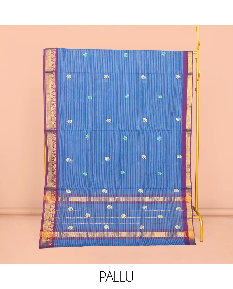 Blue Venkatagiri Cotton Saree Features Buttas and Stripes, a Contrast Traditional Zari Border, Pallu of Buttas and Stripes, and No Blouse - Image 4