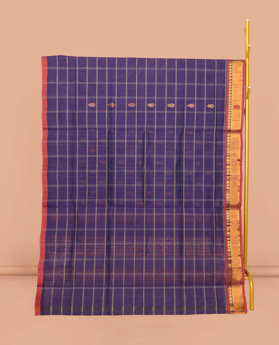 Blue Venkatagiri Cotton Saree Showcasing Buttas and Checks, a Contrast Zari-Thread Border, a Pallu of Stripes, and No Blouse