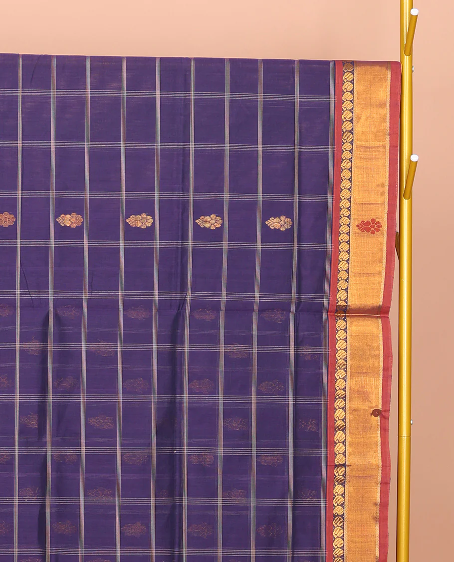 Blue Venkatagiri Cotton Saree Showcasing Buttas and Checks, a Contrast Zari-Thread Border, a Pallu of Stripes, and No Blouse - Image 3
