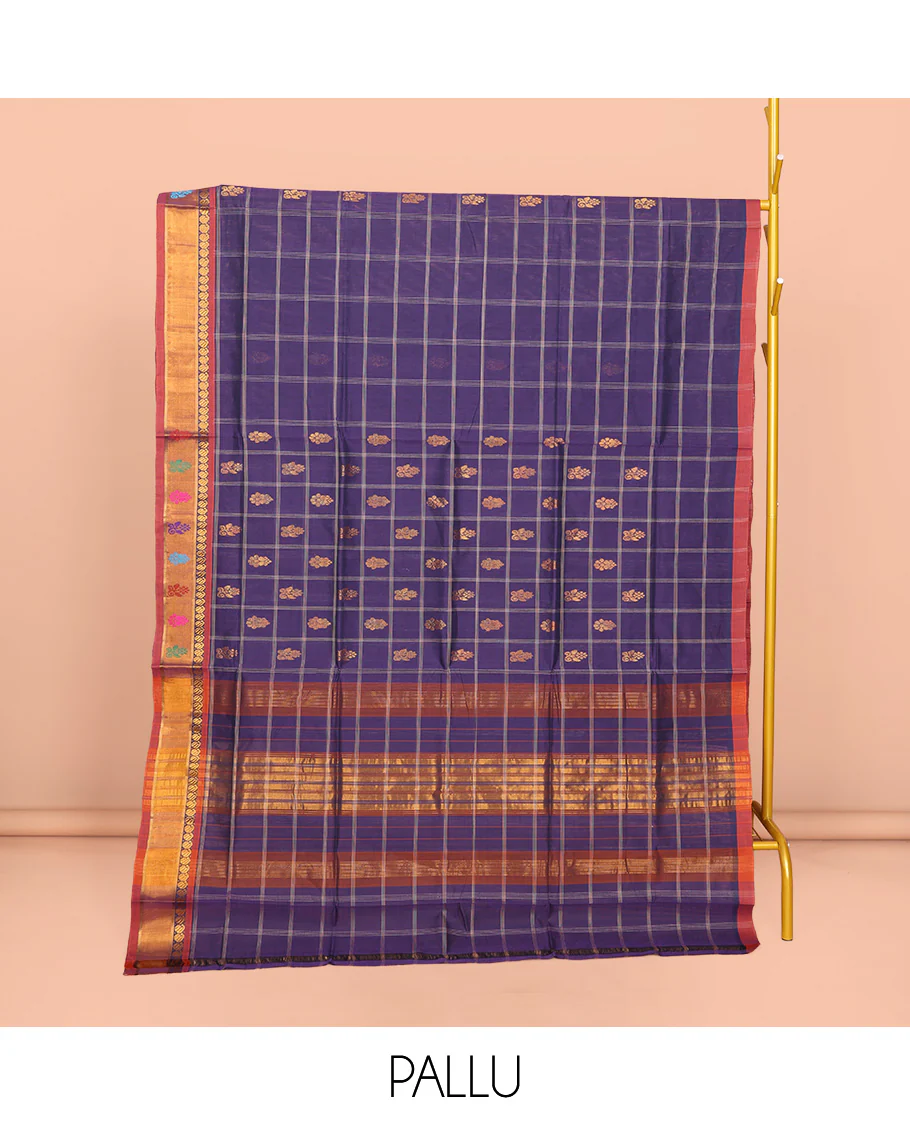Blue Venkatagiri Cotton Saree Showcasing Buttas and Checks, a Contrast Zari-Thread Border, a Pallu of Stripes, and No Blouse - Image 4