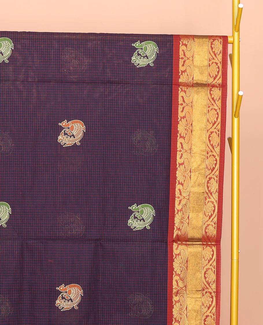 Blue Venkatagiri Cotton Saree, Styled with Peacock Buttas and Checks, a Contrast Traditional Zari Border, Pallu of Peacock Buttas and Stripes, and No Blouse - Image 2