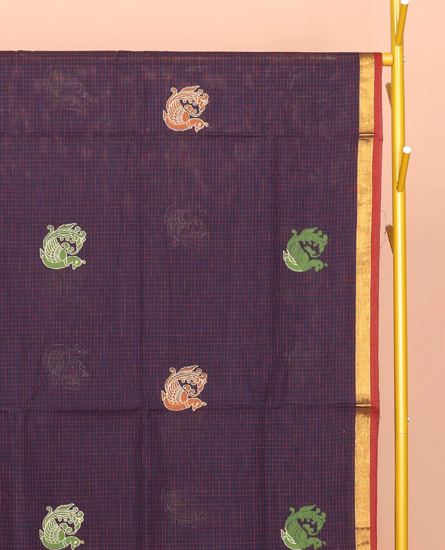 Blue Venkatagiri Cotton Saree, Styled with Peacock Buttas and Checks, a Contrast Traditional Zari Border, Pallu of Peacock Buttas and Stripes, and No Blouse - Image 3