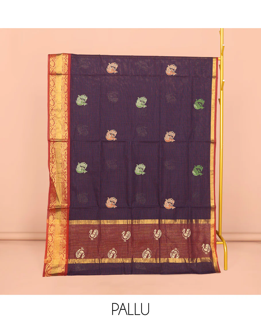 Blue Venkatagiri Cotton Saree, Styled with Peacock Buttas and Checks, a Contrast Traditional Zari Border, Pallu of Peacock Buttas and Stripes, and No Blouse - Image 4