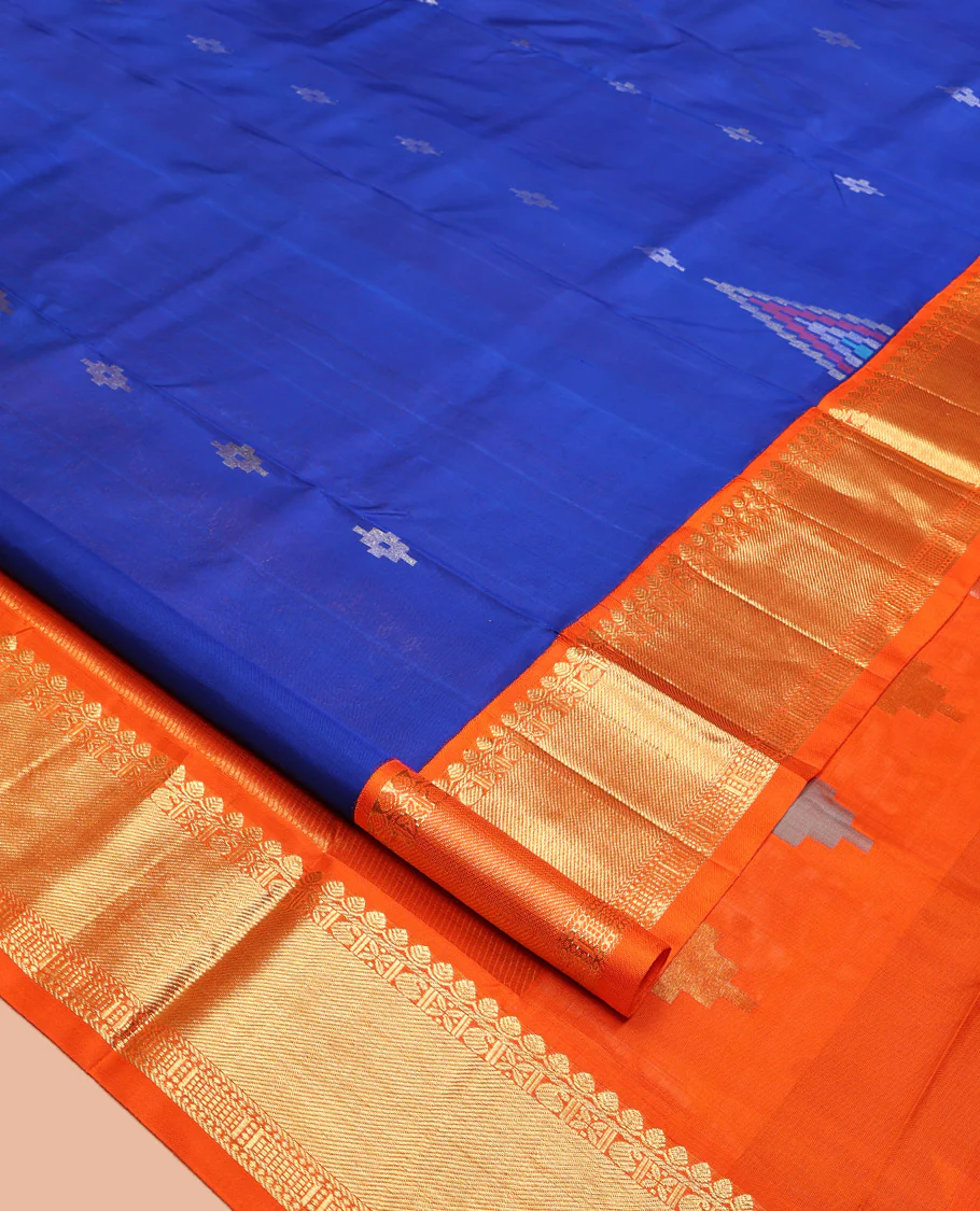 Blue Venkatagiri Silk Saree, Bedecked with Zari Buttas All Over Its Body, Complemented by a Contrast Traditional Zari Design Border, Gleaming Zari Striped Pallu, and Paired with a Contrast Blouse - Image 2