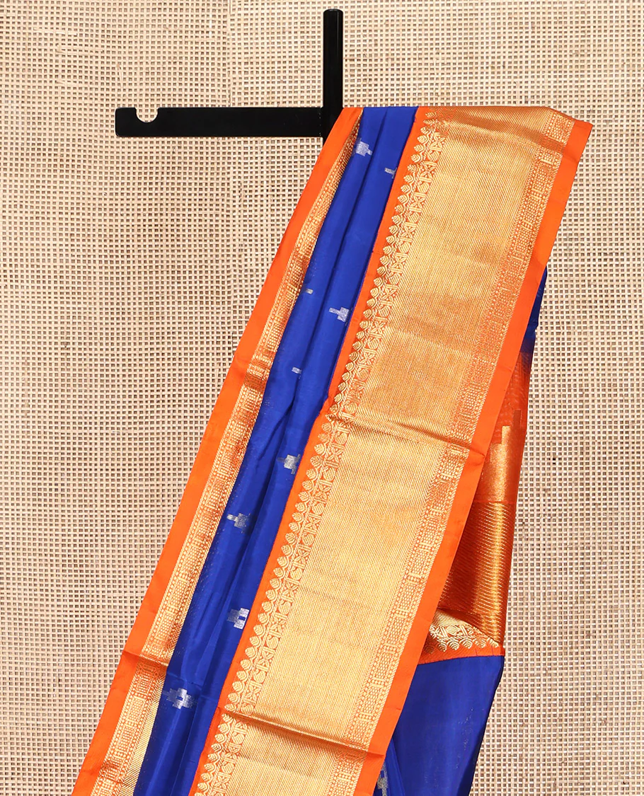 Blue Venkatagiri Silk Saree, Bedecked with Zari Buttas All Over Its Body, Complemented by a Contrast Traditional Zari Design Border, Gleaming Zari Striped Pallu, and Paired with a Contrast Blouse - Image 3