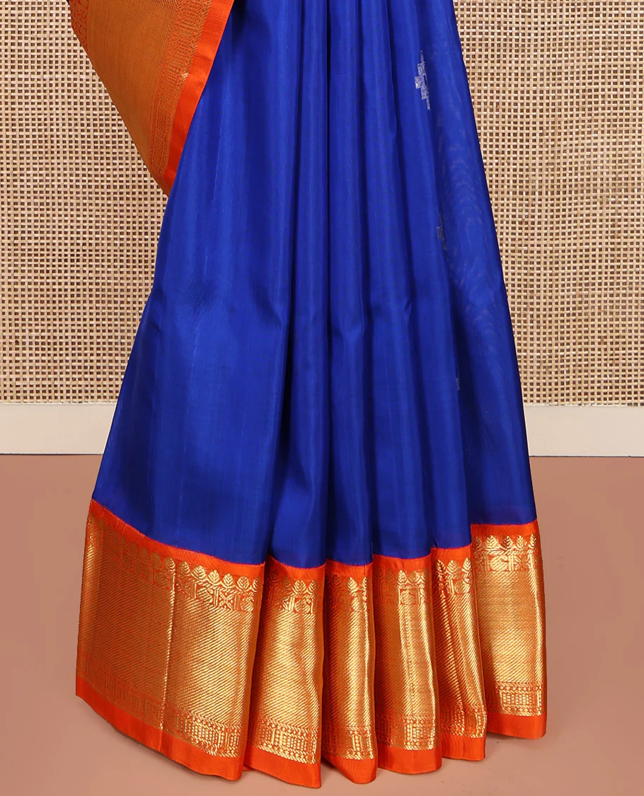 Blue Venkatagiri Silk Saree, Bedecked with Zari Buttas All Over Its Body, Complemented by a Contrast Traditional Zari Design Border, Gleaming Zari Striped Pallu, and Paired with a Contrast Blouse - Image 4