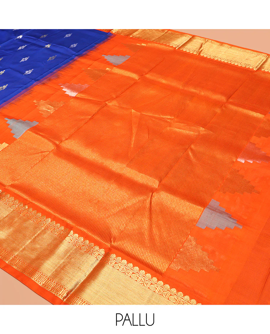 Blue Venkatagiri Silk Saree, Bedecked with Zari Buttas All Over Its Body, Complemented by a Contrast Traditional Zari Design Border, Gleaming Zari Striped Pallu, and Paired with a Contrast Blouse - Image 5