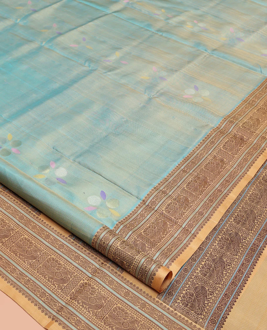 Blue Venkatagiri Silk Saree, Featuring Meena Buttas All Over Its Body, Complemented by a Contrast Traditional Motifs Woven Border, Pallu of Peacock Designs, and Paired with a Contrast Blouse - Image 2