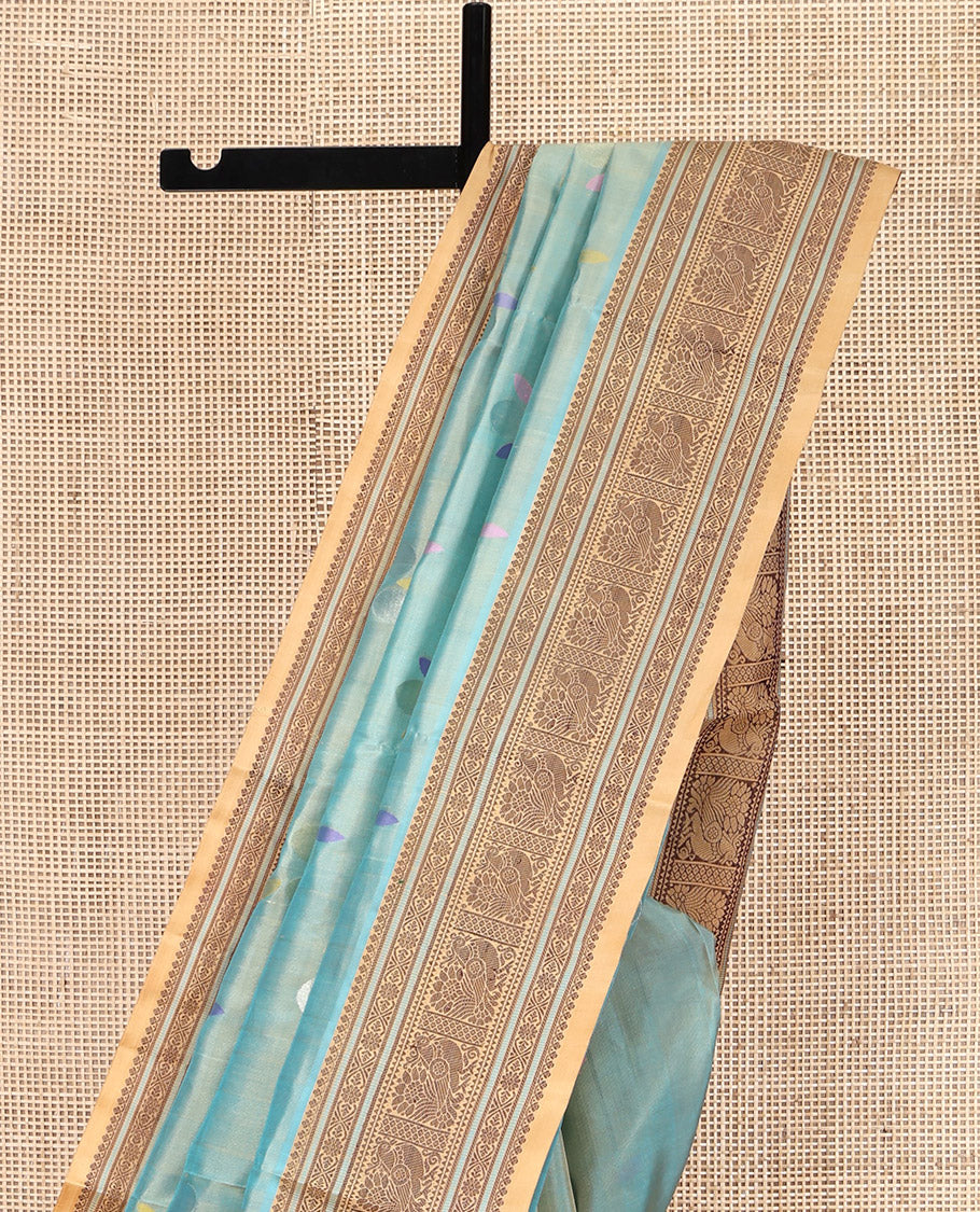 Blue Venkatagiri Silk Saree, Featuring Meena Buttas All Over Its Body, Complemented by a Contrast Traditional Motifs Woven Border, Pallu of Peacock Designs, and Paired with a Contrast Blouse - Image 3