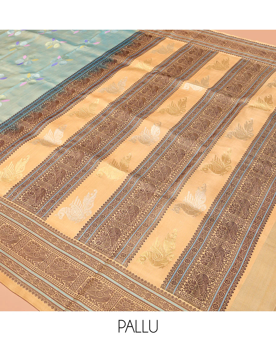 Blue Venkatagiri Silk Saree, Featuring Meena Buttas All Over Its Body, Complemented by a Contrast Traditional Motifs Woven Border, Pallu of Peacock Designs, and Paired with a Contrast Blouse - Image 5