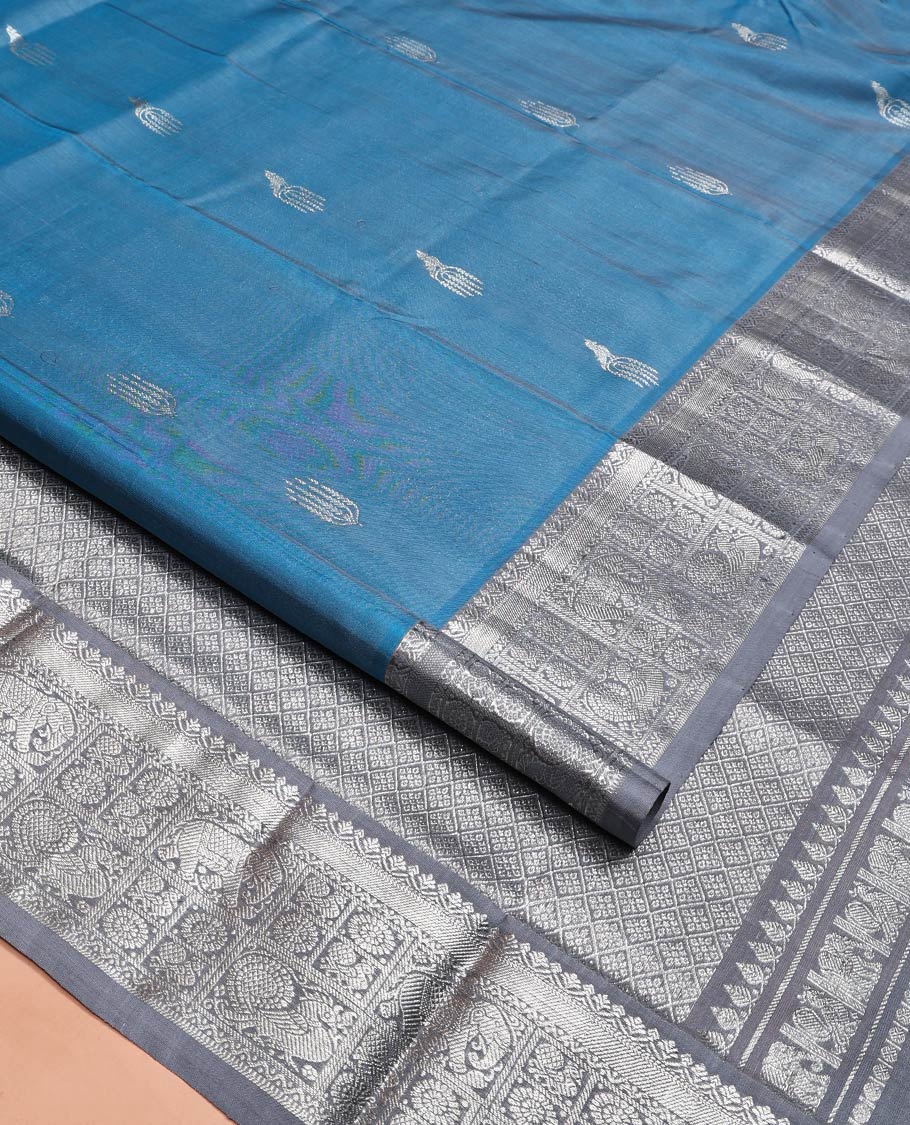 Blue Venkatagiri Silk Saree, Woven with Zari Buttas All Over Its Body, Complemented by a Contrast Traditional Zari Border of Peacock, Elephant, and Chakram Designs, Jaal Design Pallu, and Paired with a Contrast Blouse - Image 2