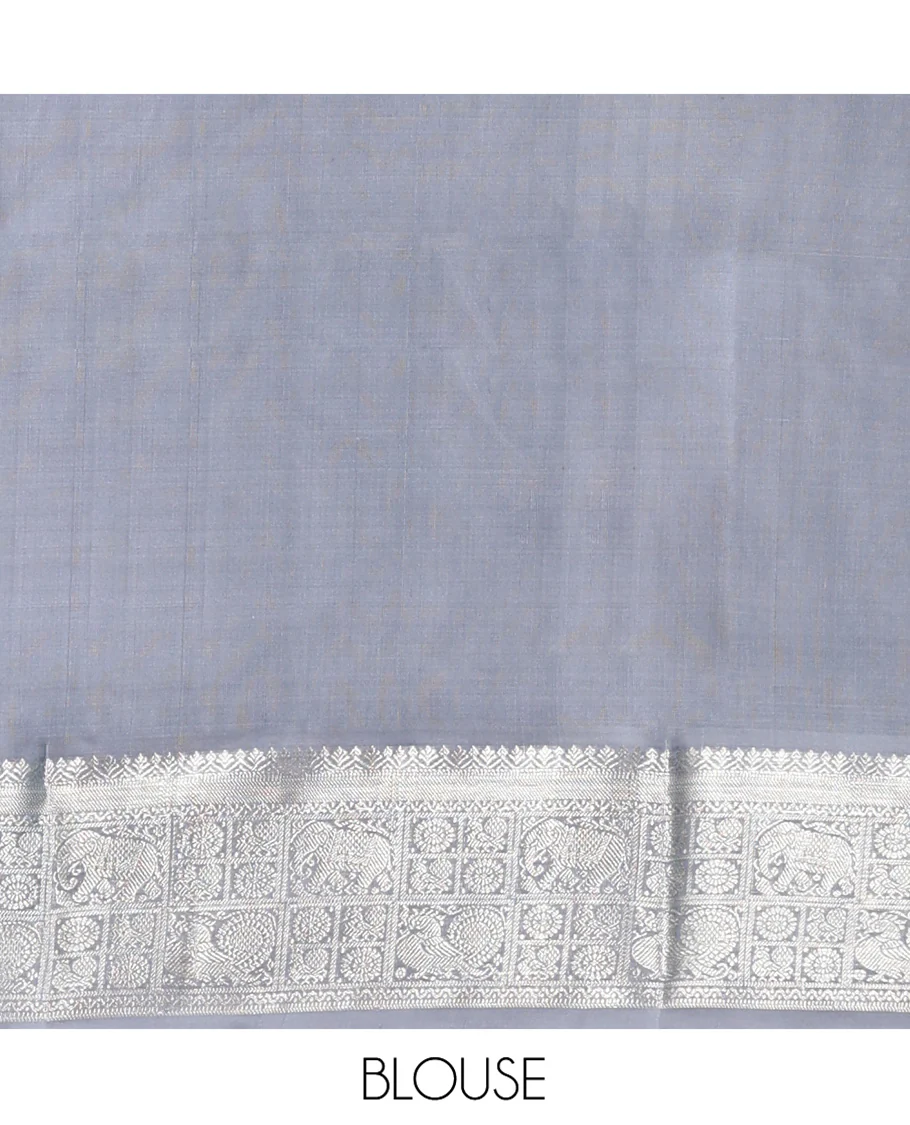 Blue Venkatagiri Silk Saree, Woven with Zari Buttas All Over Its Body, Complemented by a Contrast Traditional Zari Border of Peacock, Elephant, and Chakram Designs, Jaal Design Pallu, and Paired with a Contrast Blouse - Image 6