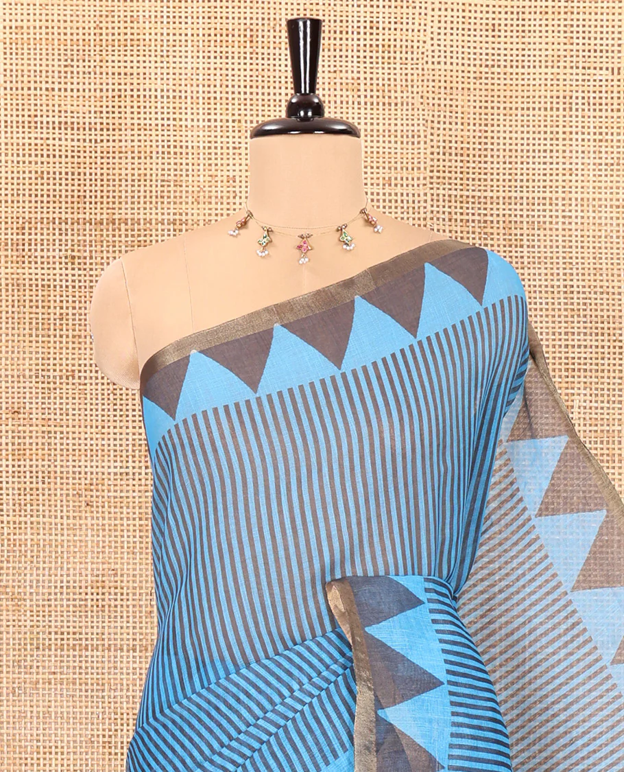 Blue vertical stripes printed linen cotton saree, a temple-printed border, big polka dot printed pallu, and a printed blouse - Image 2