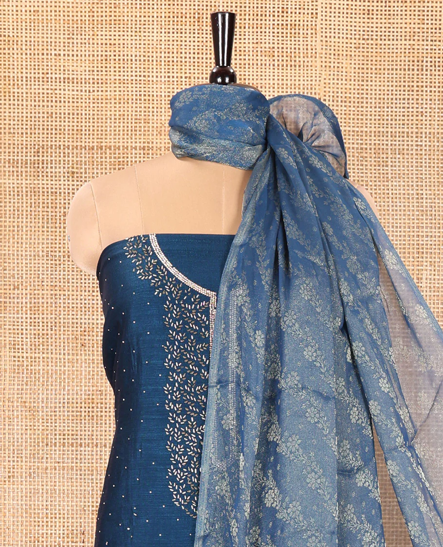 Blue Vichitra Silk Material Churidar Set, Gleamed Up with Swarovski Stone Work and Neck Work Top, Comes with a Plain Santoon Bottom, and Is Paired with Nc Moss Organza Floral Jaal Design Dupatta - Image 4