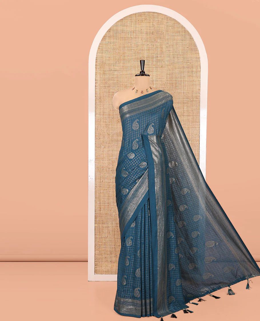 Blue Vichitra Silk Saree Features Checks and Paisley Buttas, a Traditional Zari Border, and a Contrast-Embroidered Blouse