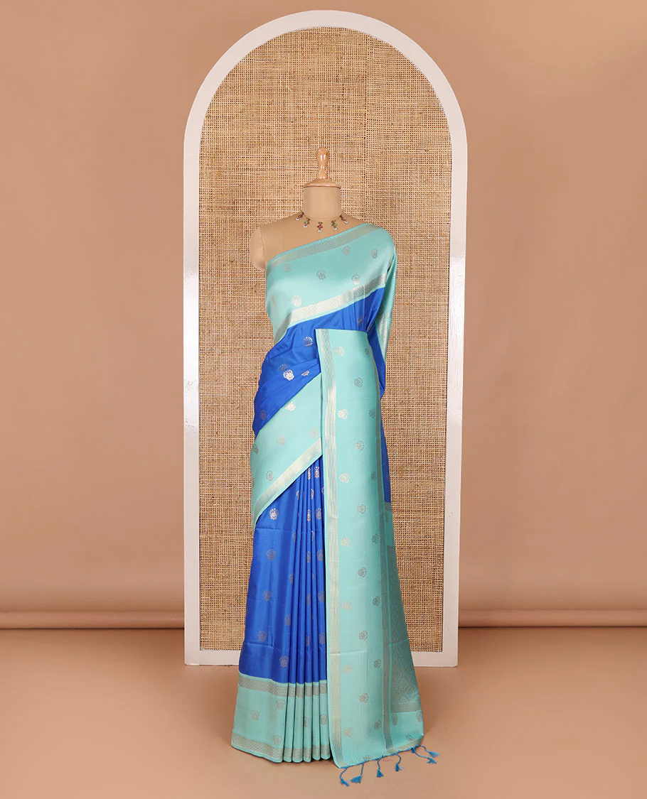 Blue zari buttas soft silk saree, contrast zari border of intricate designs, zari-rich jaal pallu, and a contrast zari design blouse - Image 2