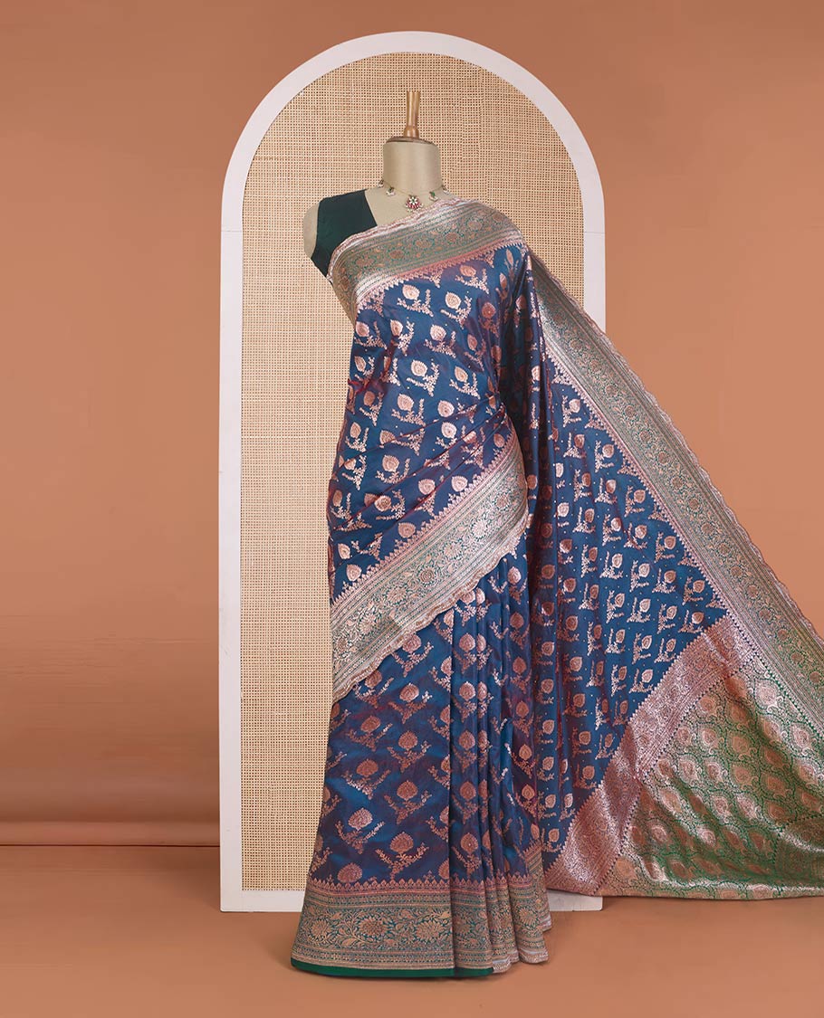 Blue zari buttas with micro stonework banaras nylon silk saree, contrast traditional zari and stonework border, and zari woven pallu with stone work - Image 2