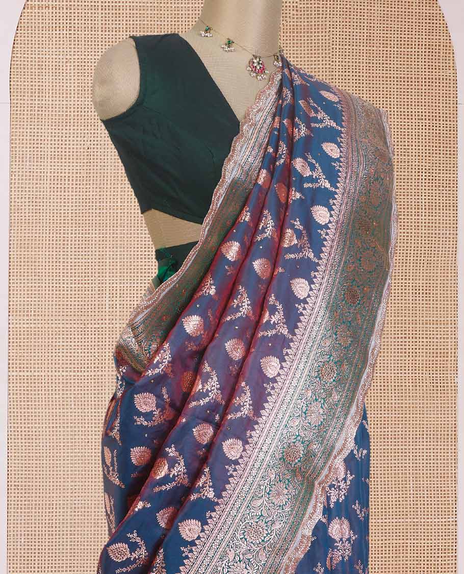 Blue zari buttas with micro stonework banaras nylon silk saree, contrast traditional zari and stonework border, and zari woven pallu with stone work - Image 3