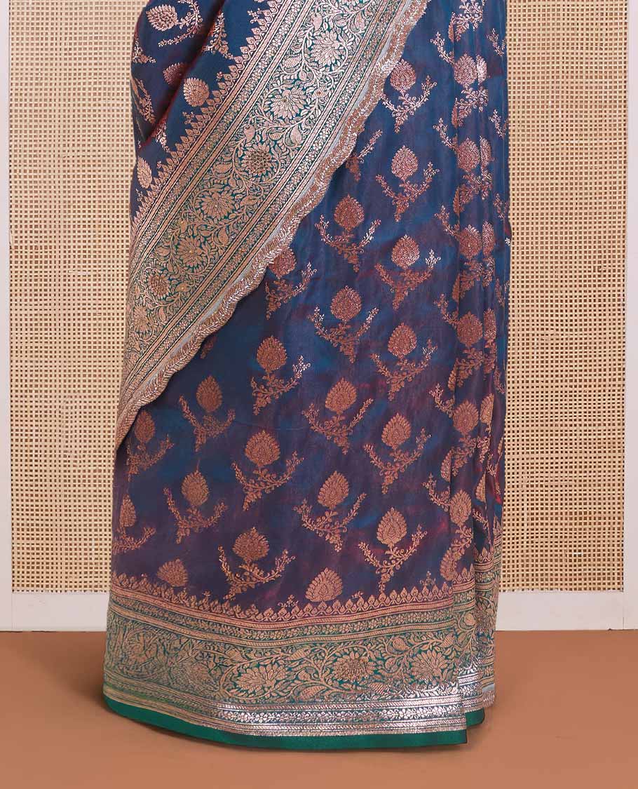 Blue zari buttas with micro stonework banaras nylon silk saree, contrast traditional zari and stonework border, and zari woven pallu with stone work - Image 4