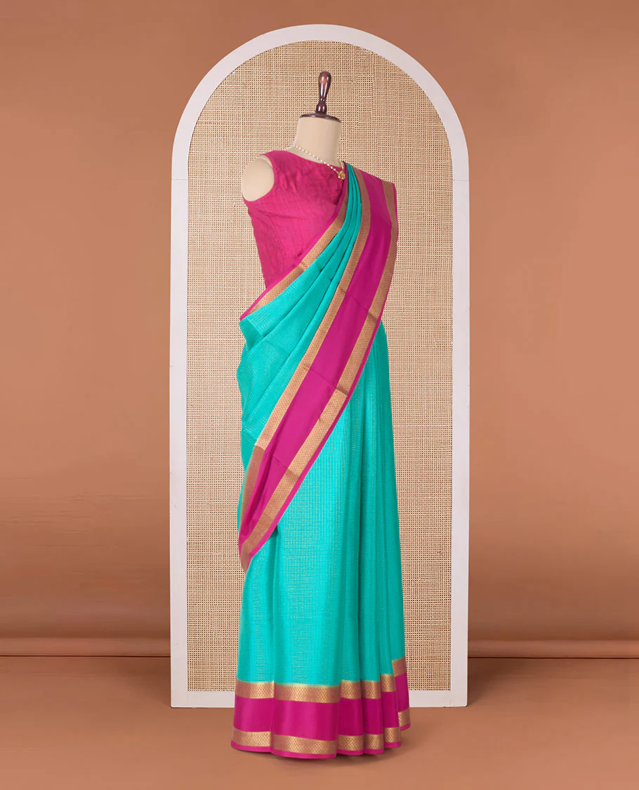 Blue zari checked Mysore silk saree, contrast rettai pettu peacock eye zari border, and pallu of zari stripes