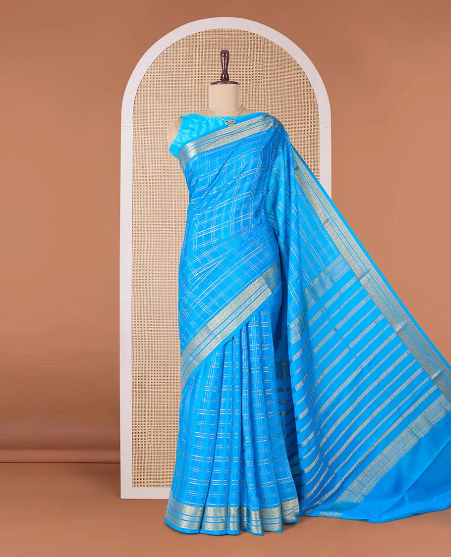 Blue zari checked Mysore silk saree, traditional zari border, and zari striped pallu - Image 2
