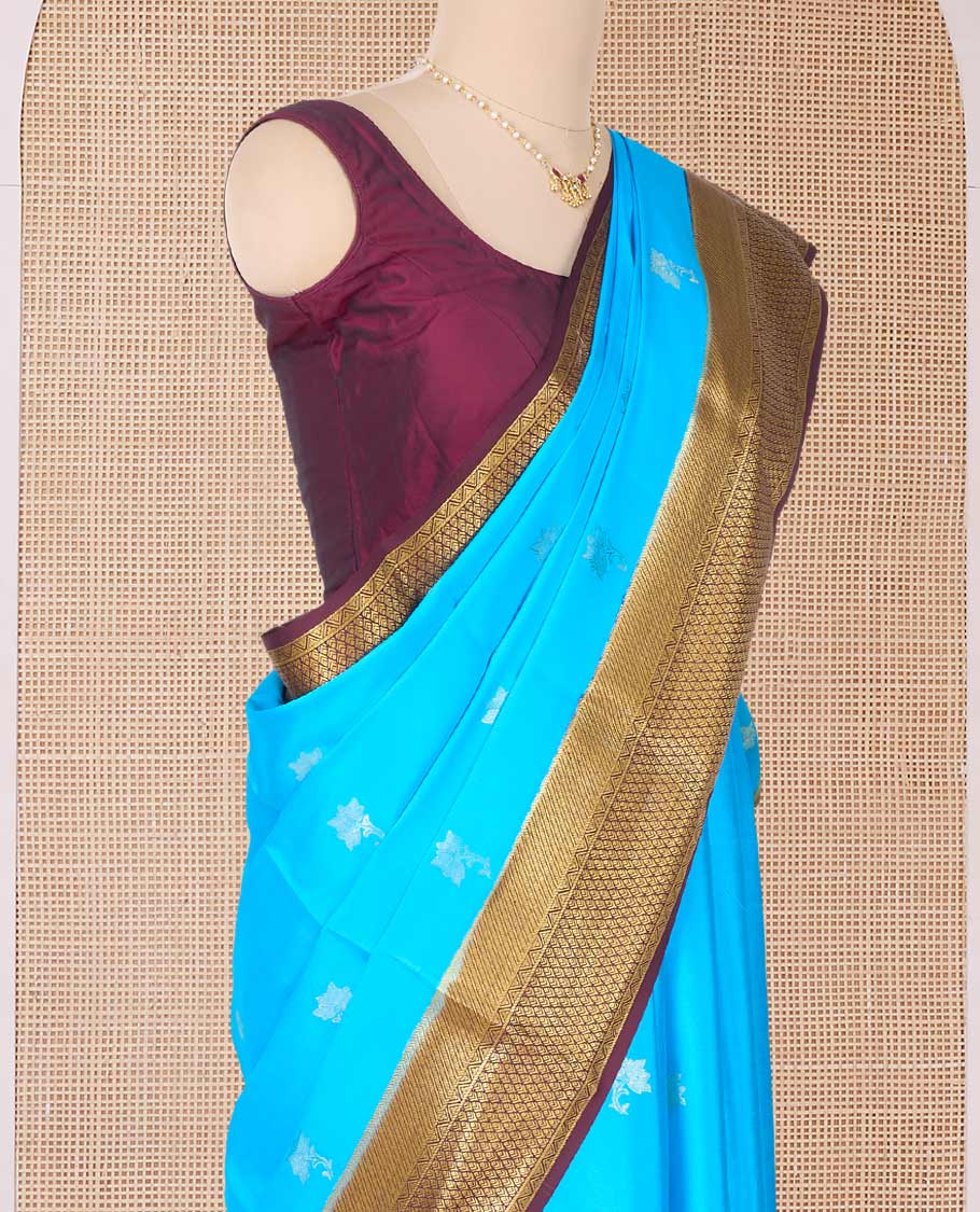 Blue zari floral buttas Mysore silk saree, contrast traditional zari border, and pallu of jaal design - Image 3