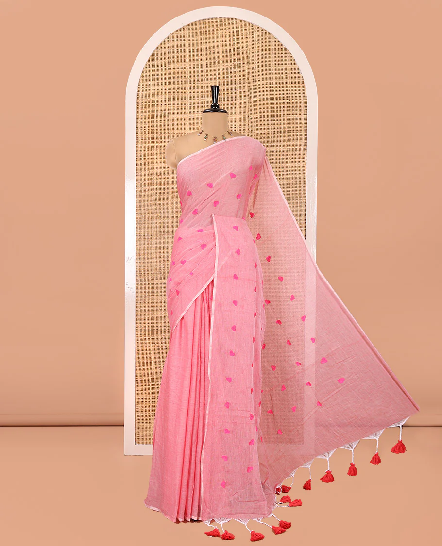 Borderless Baby Pink Mul Cotton Saree, Delicately Woven with Heart Motifs Embroidered All Over Its Body, a Self-Pallu, and Paired with a Matching Blouse