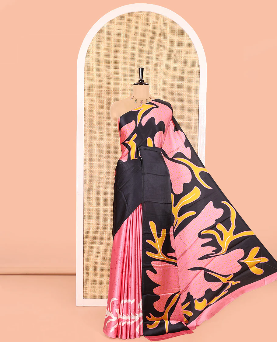 Borderless Black and Pink Gaji Silk Saree Colorfully Sparked with Modern Abstract Art and Batik Print, Complemented with a Matching Batik-Printed Blouse