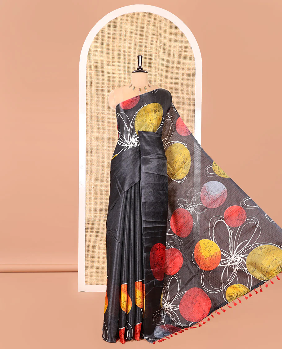 Borderless Black and Red Khadi Cotton Saree, Adorned with Big Circles Motifs, Floral Motifs, and Batik Print on Its Body, Self-Printed Pallu, and Paired with a Matching Printed Blouse - Image 5