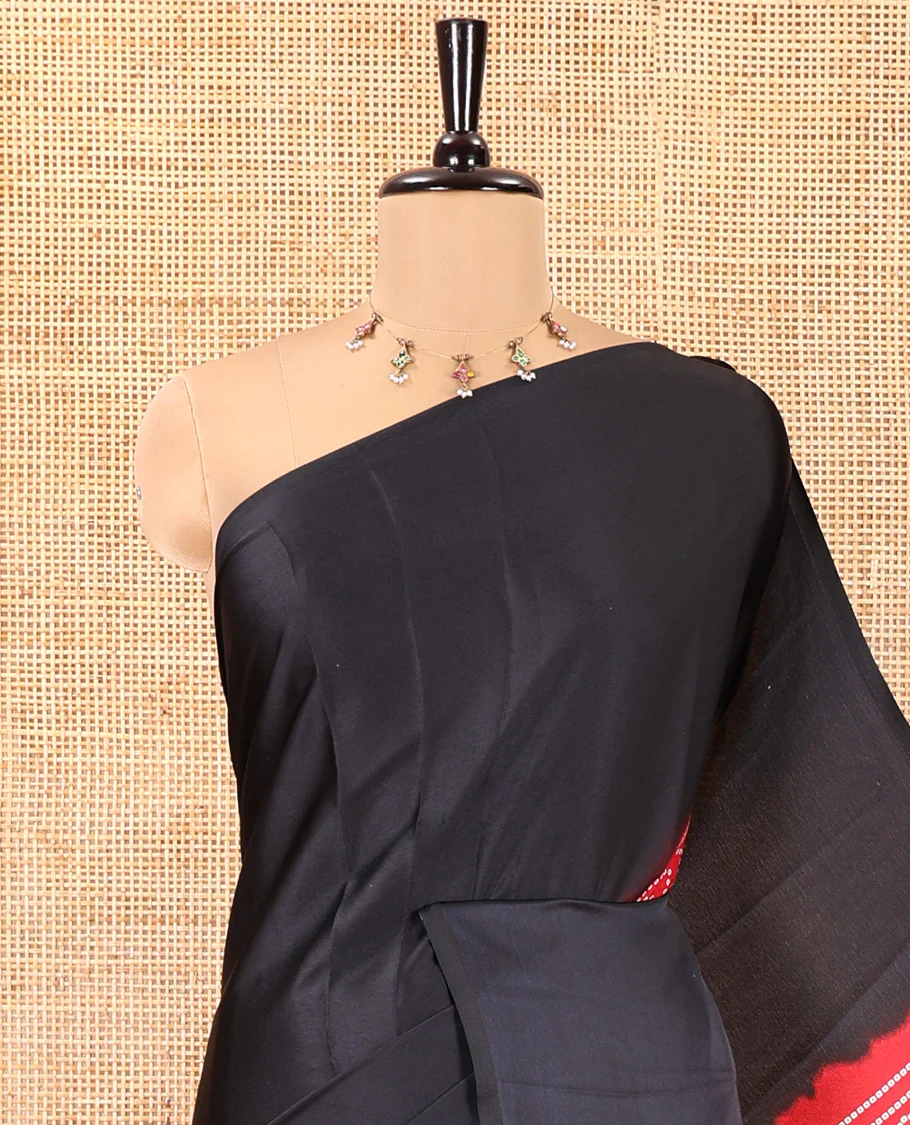 Borderless Black and Red Satin Crepe Saree, Elevated with Plain and Bandhani-Circle Print on Its Body, Intricately Bandhani Printed Pallu, and Paired with a Contrast Blouse - Image 2