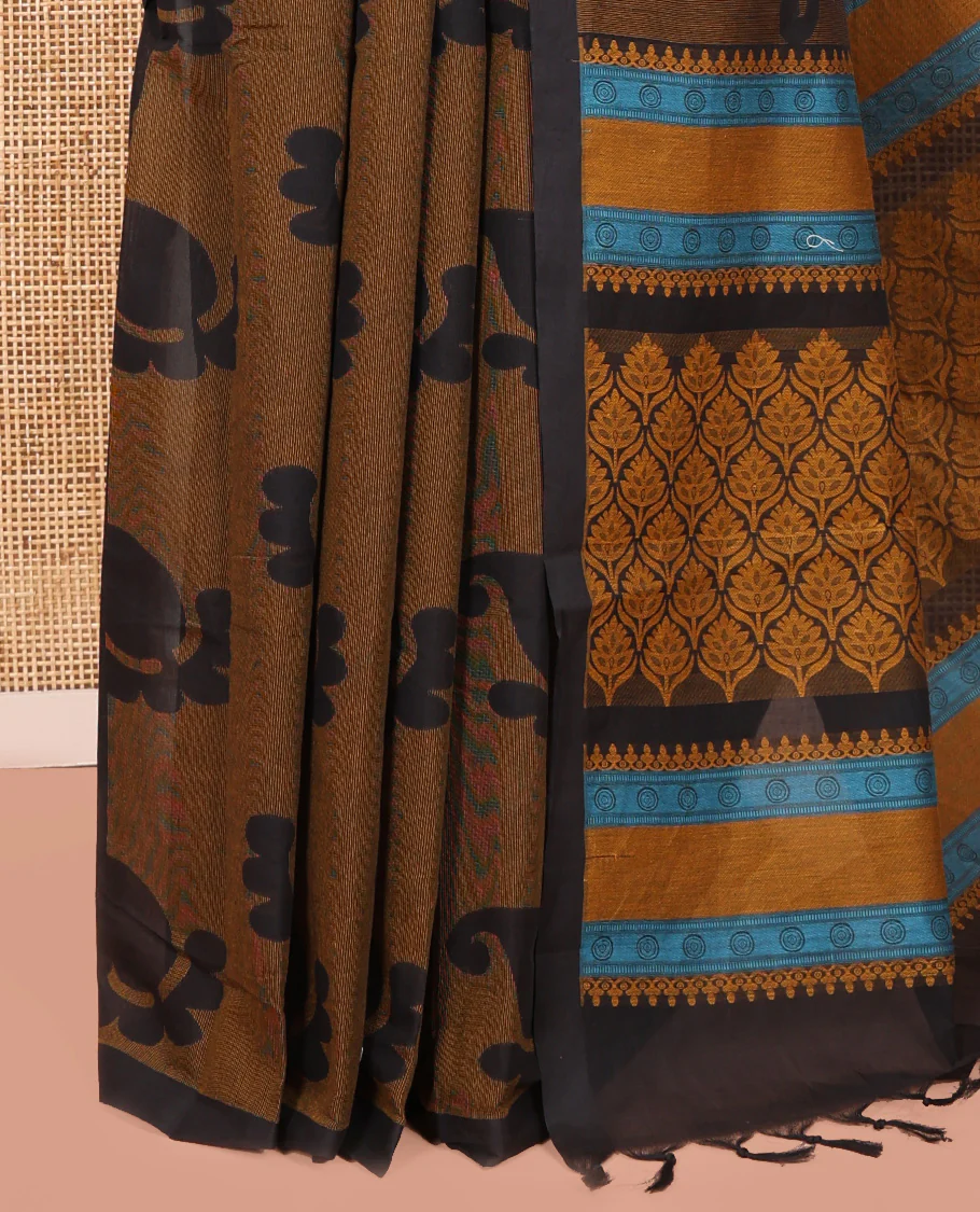 Borderless Black-Brown Coimbatore Cotton Saree, Adorned with Paisley Motifs Printed on Its Body, Pallu Intricately Printed with Geometric Motifs, and Paired with a Matching Blouse - Image 3