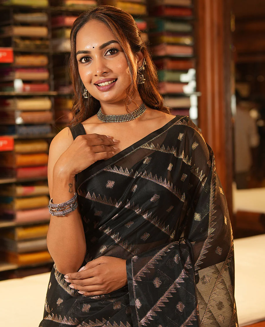 Borderless Black Chanderi Cotton Saree, Adorned with Zari Buttas and Temple Stripes on Its Body, Complemented by Contrast Pallu of Jaal Designs, and Paired with a Contrast Jacquard Blouse - Image 3