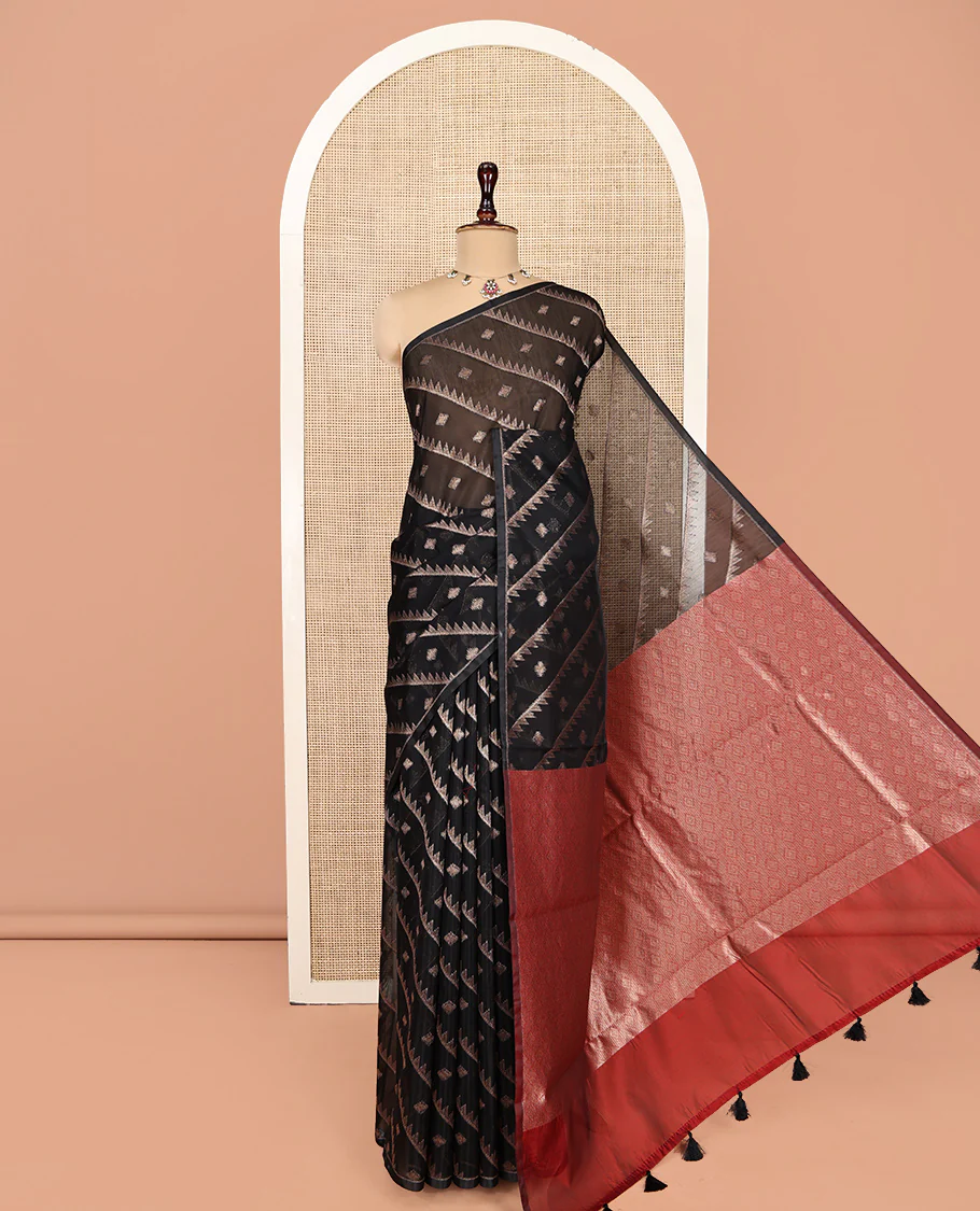 Borderless Black Chanderi Cotton Saree, Adorned with Zari Buttas and Temple Stripes on Its Body, Complemented by Contrast Pallu of Jaal Designs, and Paired with a Contrast Jacquard Blouse - Image 6