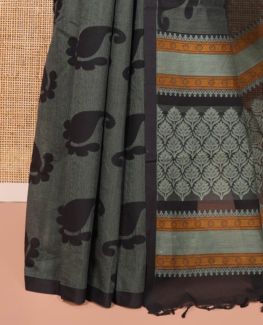 Borderless Black-Green Coimbatore Cotton Saree, Adorned with Paisley Motifs Printed on Its Body, Pallu Intricately Printed with Geometric Motifs, and Paired with a Matching Blouse - Image 3
