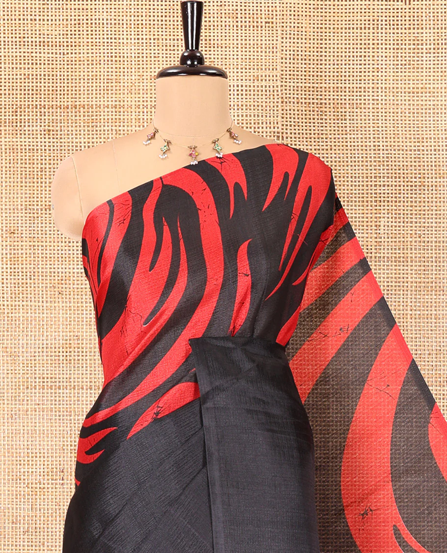 Borderless Black Khadi Cotton Saree, Adorned with Batik-Style Vines Printed on Its Body, a Subtle Self-Pallu, and Paired with a Matching Blouse - Image 2