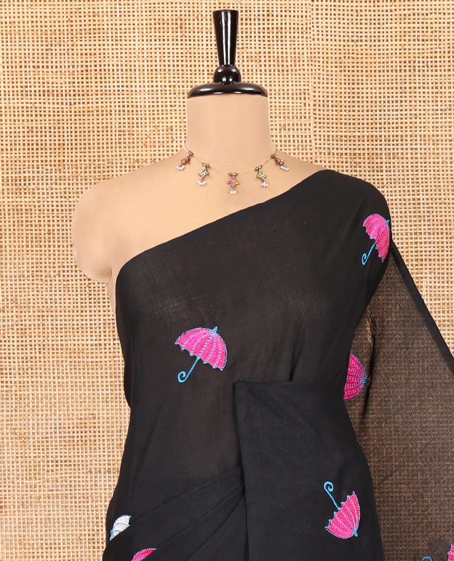 Borderless Black Khadi Cotton Saree, Delicately Woven with Umbrella Motifs, Thread Embroidered on Its Body, a Self-Pallu, and Paired with a Matching Blouse - Image 2