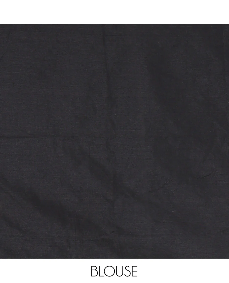 Borderless Black Khadi Cotton Saree, Delicately Woven with Umbrella Motifs, Thread Embroidered on Its Body, a Self-Pallu, and Paired with a Matching Blouse - Image 3