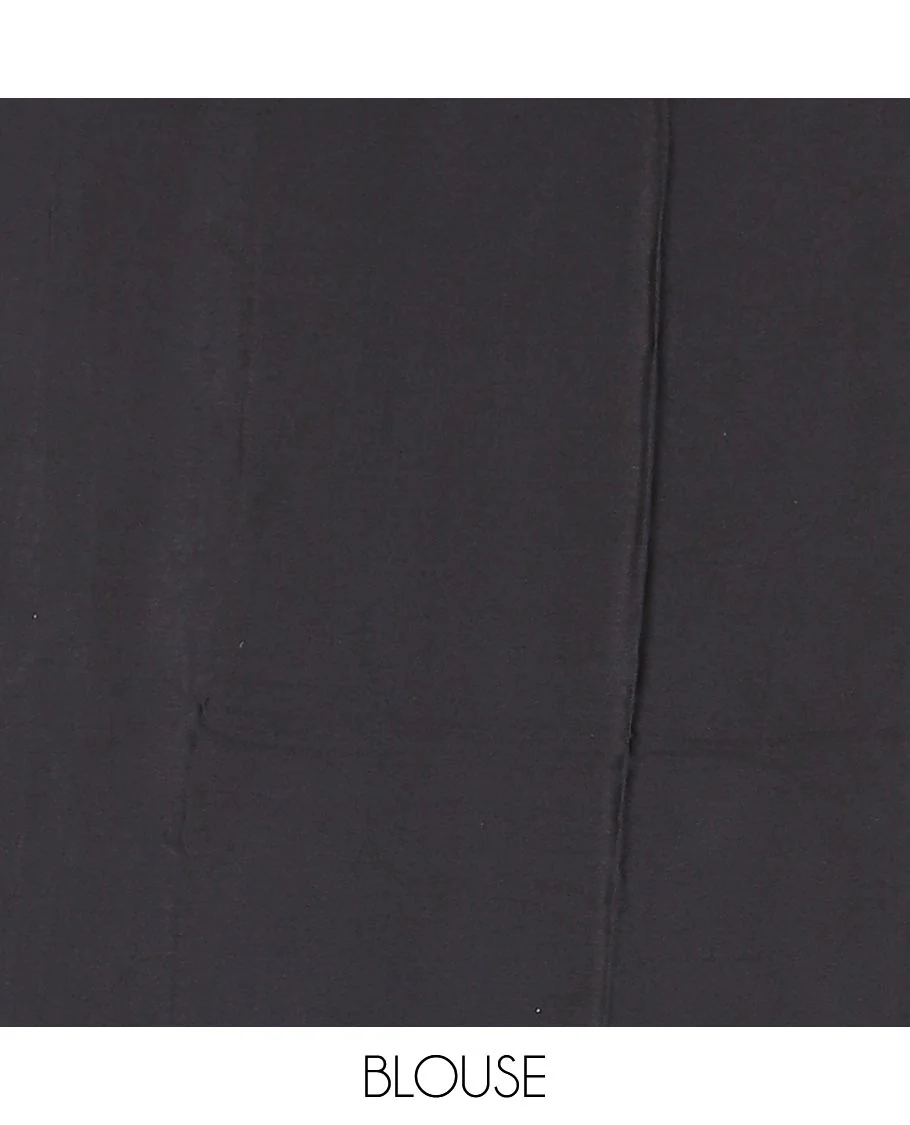 Borderless black leaf vine batik printed Gajji silk saree, batik printed pallu, and plain blouse - Image 4
