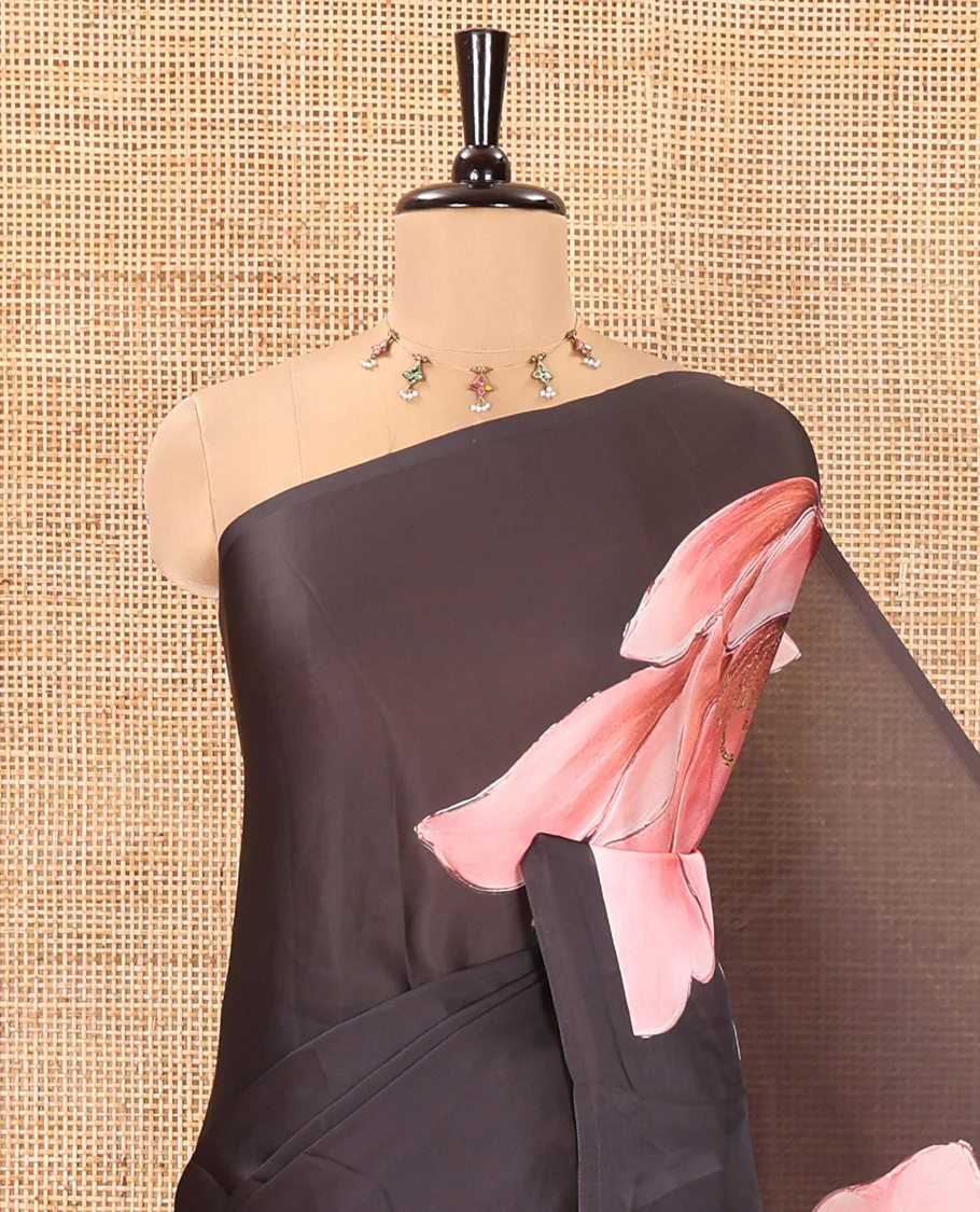 Borderless Black Satin Crepe Saree, Prettified with Lotus Flower Print On Its Body, Pallu Features Lotus Print, and Paired with a Printed Blouse - Image 2