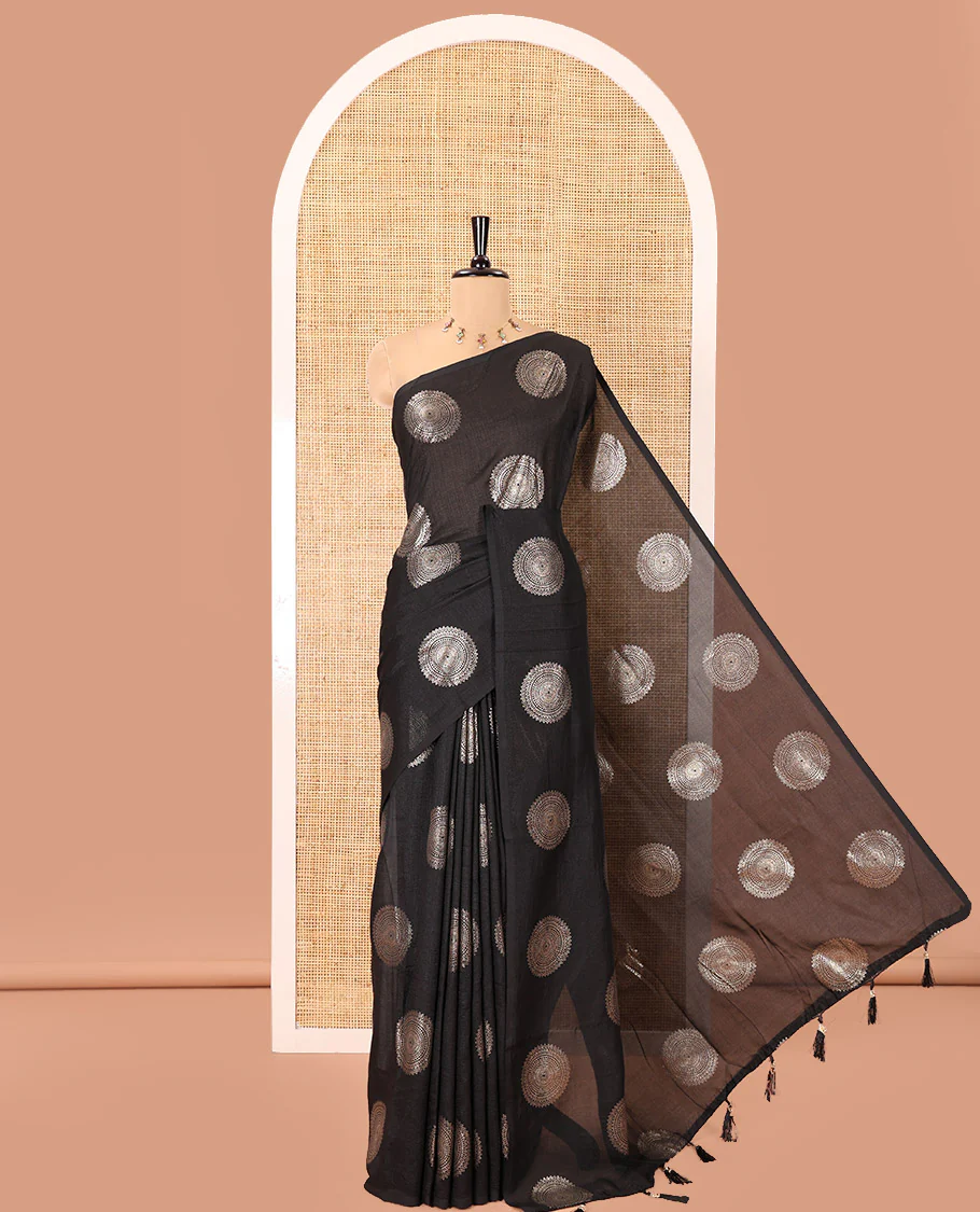 Borderless Black Vichitra Saree Features Rangoli-Style Round Buttas Foil Print and a Contrast Sequins Embroidered Blouse