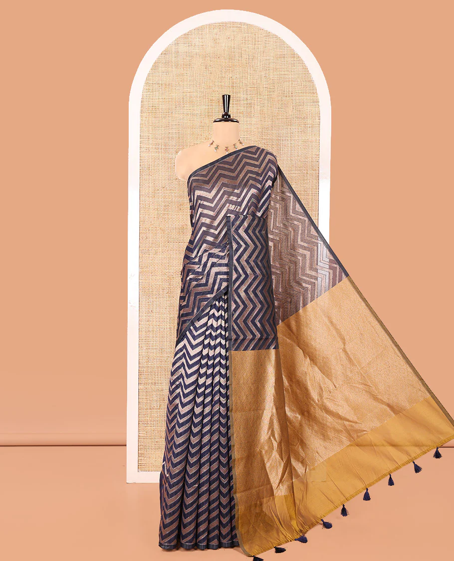Borderless Blue Chanderi Cotton Saree, Adorned with Chevron Zari Stripes on Its Body, Complemented by Contrast Intricate Jaal Pallu, and Paired with Contrast Blouse - Image 4