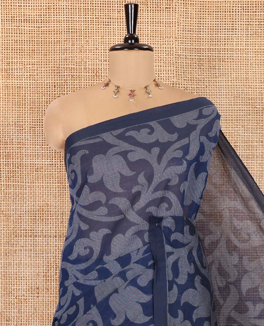 Borderless Blue Coimbatore Cotton Saree, Elevated with Floral Vine Print on Its Body, Self-Pallu Features Paisleys and Geometric Designs, and Paired with a Matching Blouse - Image 6