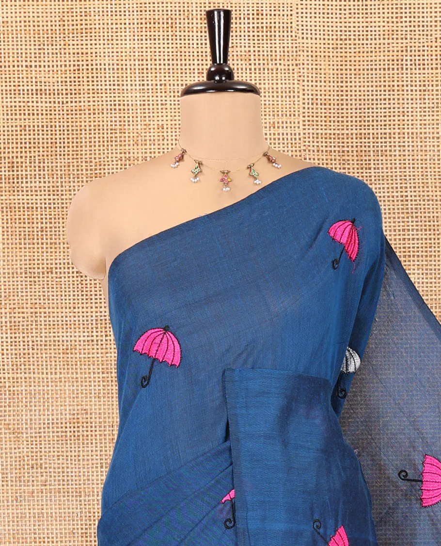 Borderless Blue Khadi Cotton Saree, Delicately Woven with Umbrella Motifs, Thread Embroidered on Its Body, a Self-Pallu, and Paired with a Matching Blouse - Image 2