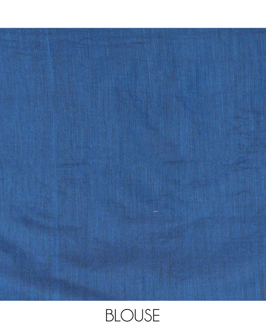 Borderless Blue Khadi Cotton Saree, Delicately Woven with Umbrella Motifs, Thread Embroidered on Its Body, a Self-Pallu, and Paired with a Matching Blouse - Image 3
