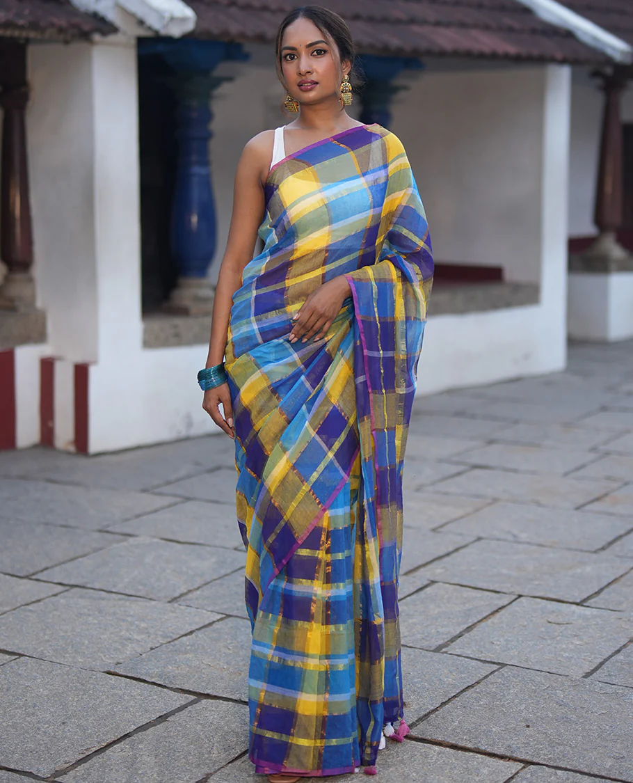 Borderless Blue Khadi Mul Cotton Saree, Showcasing Checked Block and Zari Checks, a Self-Pallu, and No Blouse