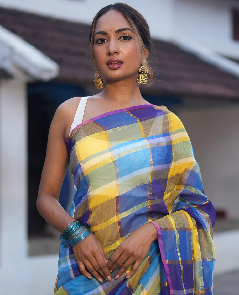 Borderless Blue Khadi Mul Cotton Saree, Showcasing Checked Block and Zari Checks, a Self-Pallu, and No Blouse - Image 2