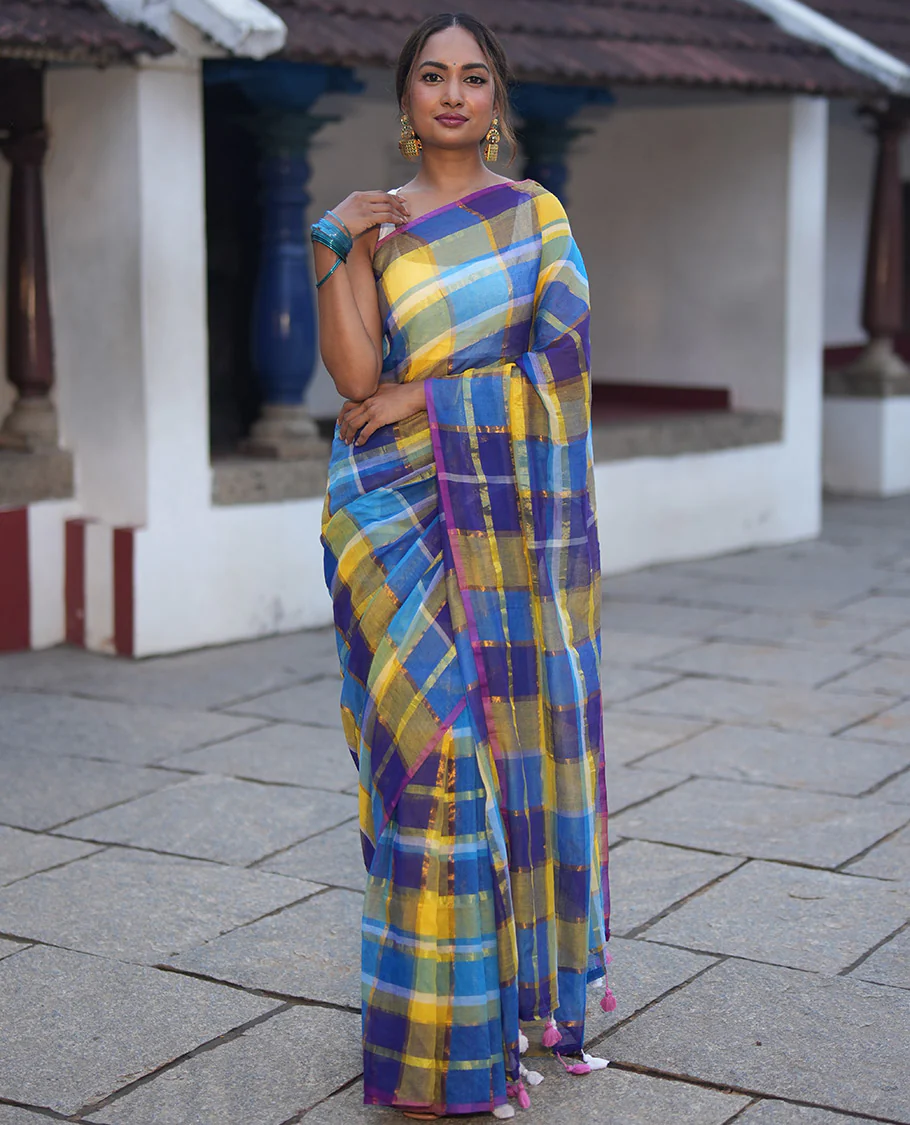 Borderless Blue Khadi Mul Cotton Saree, Showcasing Checked Block and Zari Checks, a Self-Pallu, and No Blouse - Image 3