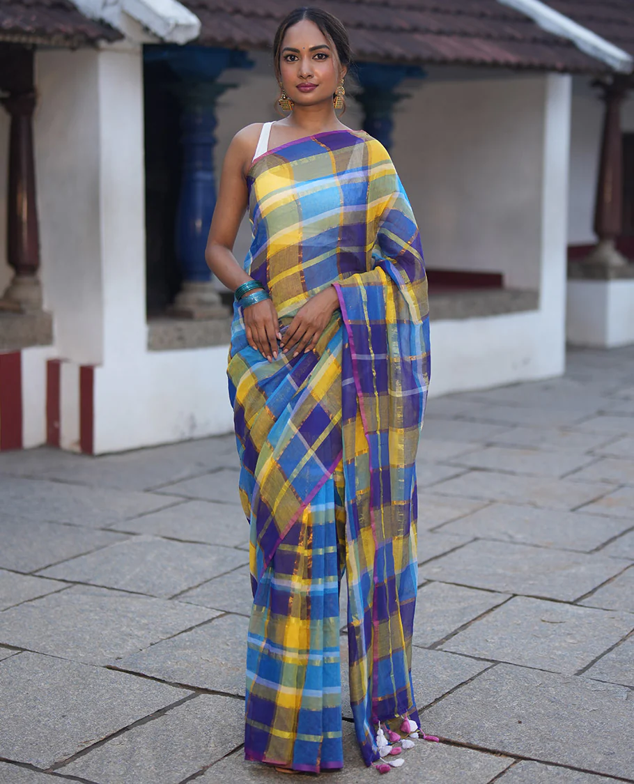 Borderless Blue Khadi Mul Cotton Saree, Showcasing Checked Block and Zari Checks, a Self-Pallu, and No Blouse - Image 4