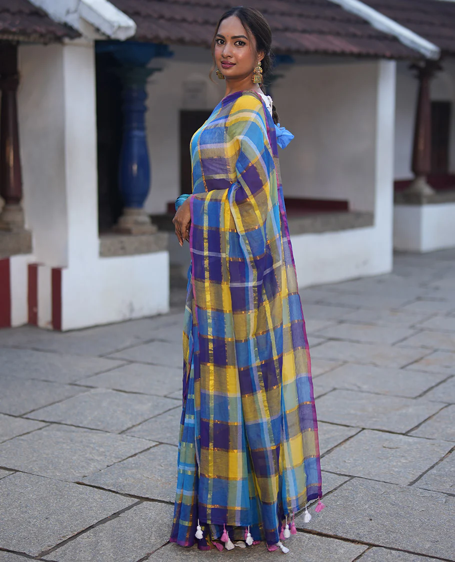 Borderless Blue Khadi Mul Cotton Saree, Showcasing Checked Block and Zari Checks, a Self-Pallu, and No Blouse - Image 5