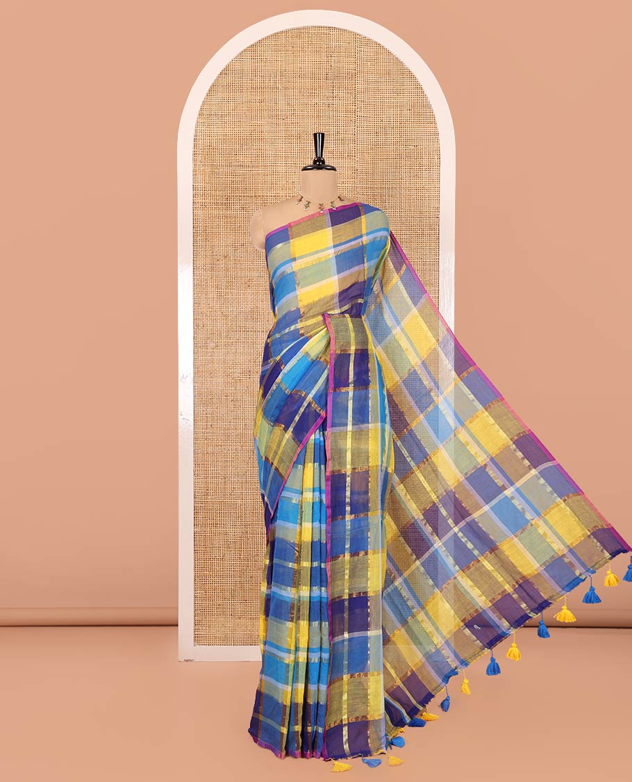 Borderless Blue Khadi Mul Cotton Saree, Showcasing Checked Block and Zari Checks, a Self-Pallu, and No Blouse - Image 6